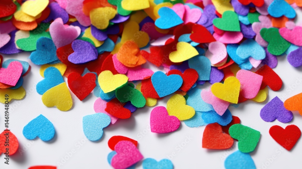 Vibrant Colorful Heart Shaped Confetti on White Surface for Celebrations and Decorations Vibrant Colorful Heart Shaped Confetti on White Surface for Celebrations and Decorations