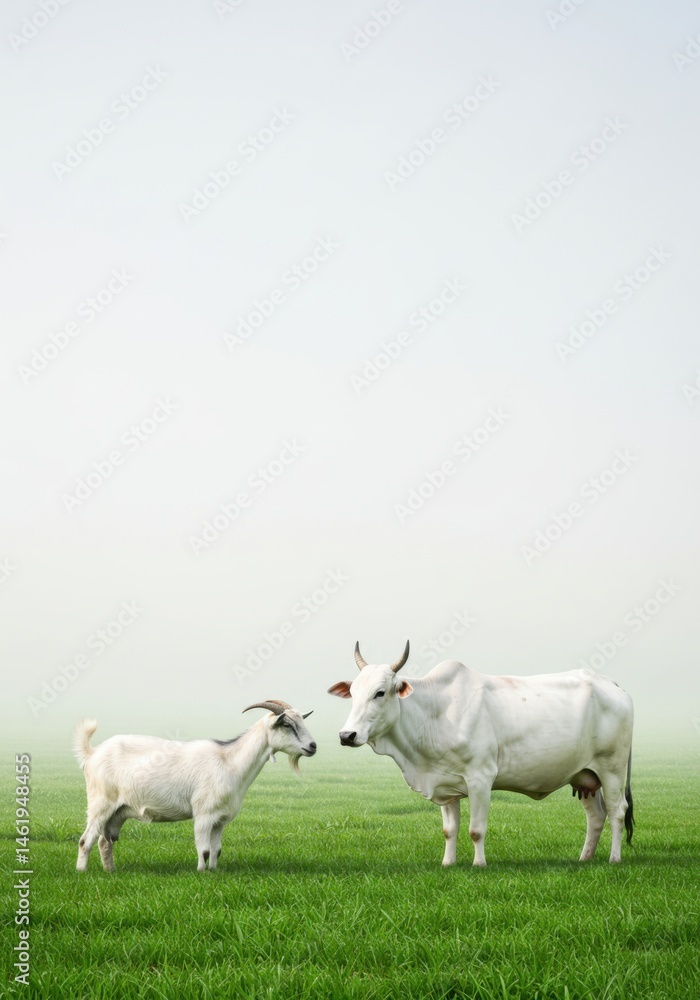 Fototapeta premium A white cow and goat stand together on a green field against a misty, bright background