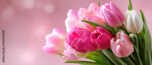 Closeup of Vibrant Pink and White Tulips Bouquet on Soft Pink Background, Symbolizing Spring, Love, and Freshness