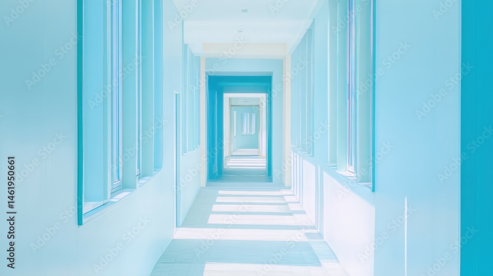 Obraz premium Empty corridor with sunlight shining through windows in modern building