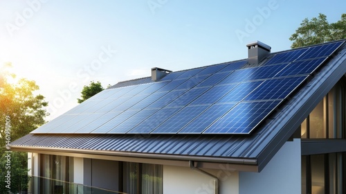 Wallpaper Mural Solar panels installed on a modern residential roof during sunset, showcasing renewable energy technology Torontodigital.ca