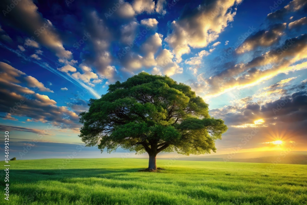 Fototapeta premium Majestic Lone Tree, Serene Grassland, Blue Sky - Nature Photography Background