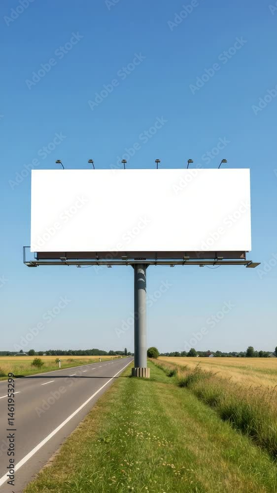 A large empty billboard stands beside a rural road, surrounded by vast fields A large empty billboard stands beside a rural road, surrounded by vast fields