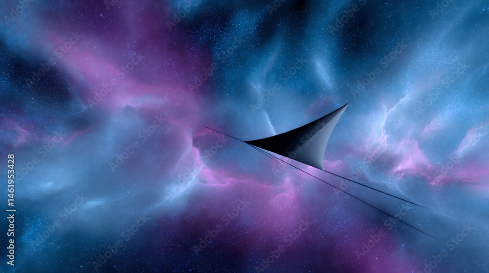 Dark Triangular Spaceship Soaring Through a Vibrant Purple and Blue Nebula Dark Triangular Spaceship Soaring Through a Vibrant Purple and Blue Nebula