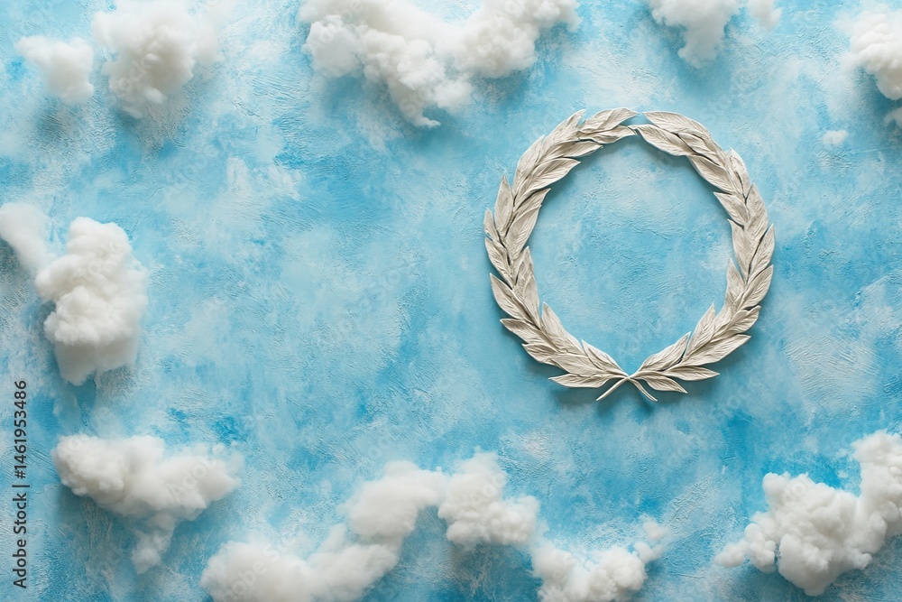 Fototapeta premium A wreath is placed on a blue background with white clouds