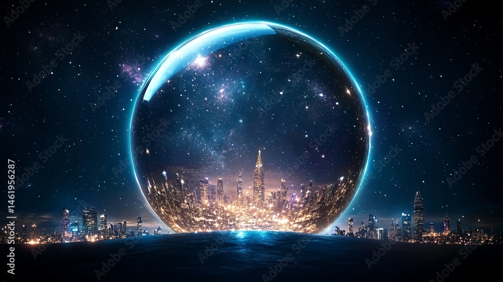 Space galaxy hidden. A futuristic city glows beneath a starry sky, encapsulated in a transparent, glowing dome. Space galaxy hidden. A futuristic city glows beneath a starry sky, encapsulated in a transparent, glowing dome.