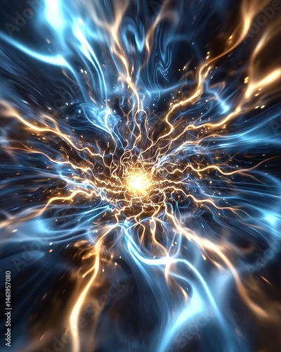Space galaxy hidden. Abstract glowing energy burst with swirling blue and gold light streaks radiating from a bright central point.