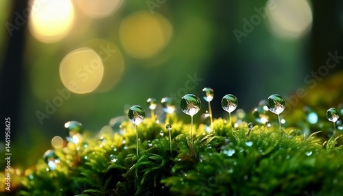 close up of dew drops on lush green moss nature s tiny jewels
