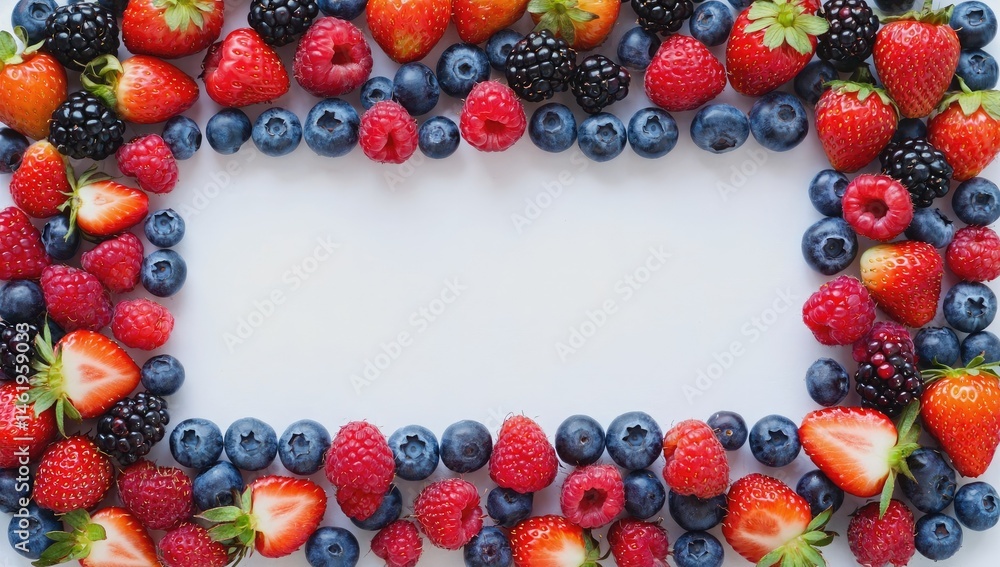 A vibrant assortment of berries arranged in a decorative frame on a white background. A vibrant assortment of berries arranged in a decorative frame on a white background.