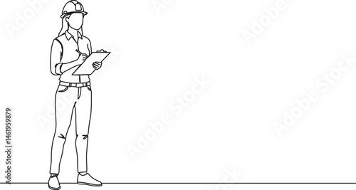 continuous single line drawing of female civil engineer with clipboard, line art vector illustration