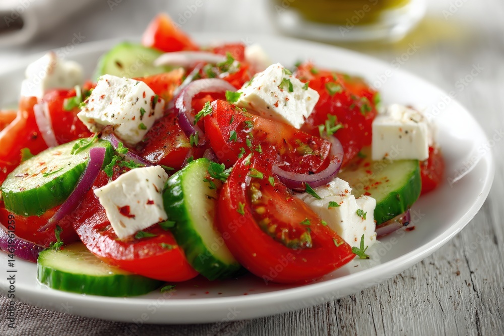 Fresh and vibrant salad with juicy tomatoes, cucumbers, red onions, and creamy feta cheese. Fresh and vibrant salad with juicy tomatoes, cucumbers, red onions, and creamy feta cheese.