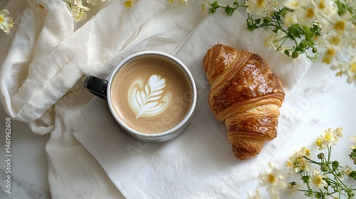A cup of cappuccino with latte art and a fresh croissant are arranged beautifully on a white linen with delicate white flowers around it.