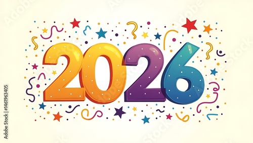 2026 new year celebration background with colorful confetti, festive typography, and cheerful design for party invitations, digital banners, greeting cards, and seasonal promotions