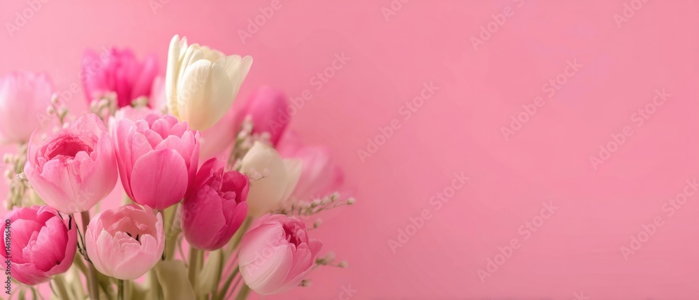 Fototapeta premium Fresh pink tulips bouquet on pink background, symbolizing love, appreciation, and springtime celebration Floral arrangement for Mothers Day, Valentines Day, or birthday