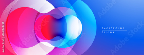 Abstract colorful circles overlap, creating dynamic visual effect. Gradient blue background complements vibrant hues. Modern design element.