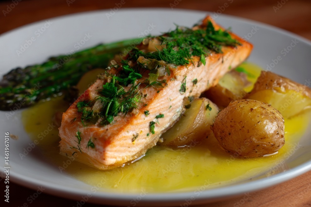 Delicious Salmon Fillet with Potatoes and Asparagus on White Plate Delicious Salmon Fillet with Potatoes and Asparagus on White Plate