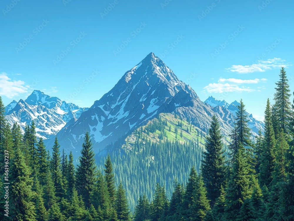 Fototapeta premium A majestic snow capped mountain peak rises above a dense green forest under a clear blue sky on a sunny day in the great outdoors.
