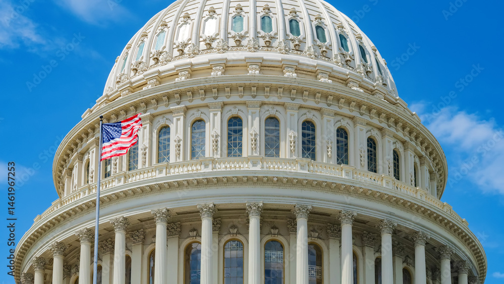Fototapeta premium close-up of the Capitol Dome in Washington, D.C. and the American flag in the wind.