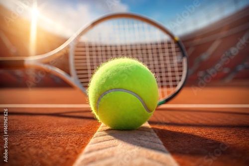 Tennis ball positioned on court line with racket and stadium backdrop sunny day