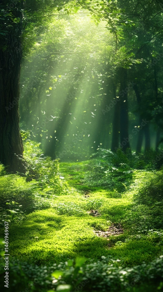 Obraz premium Sunbeams filter through a dense forest canopy illuminating the lush green mossy undergrowth creating an ethereal and enchanting woodland scene.