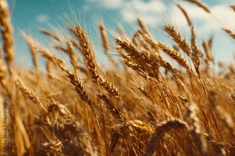 Fototapeta premium Golden wheat field swaying gently in the breeze under a bright blue sky.