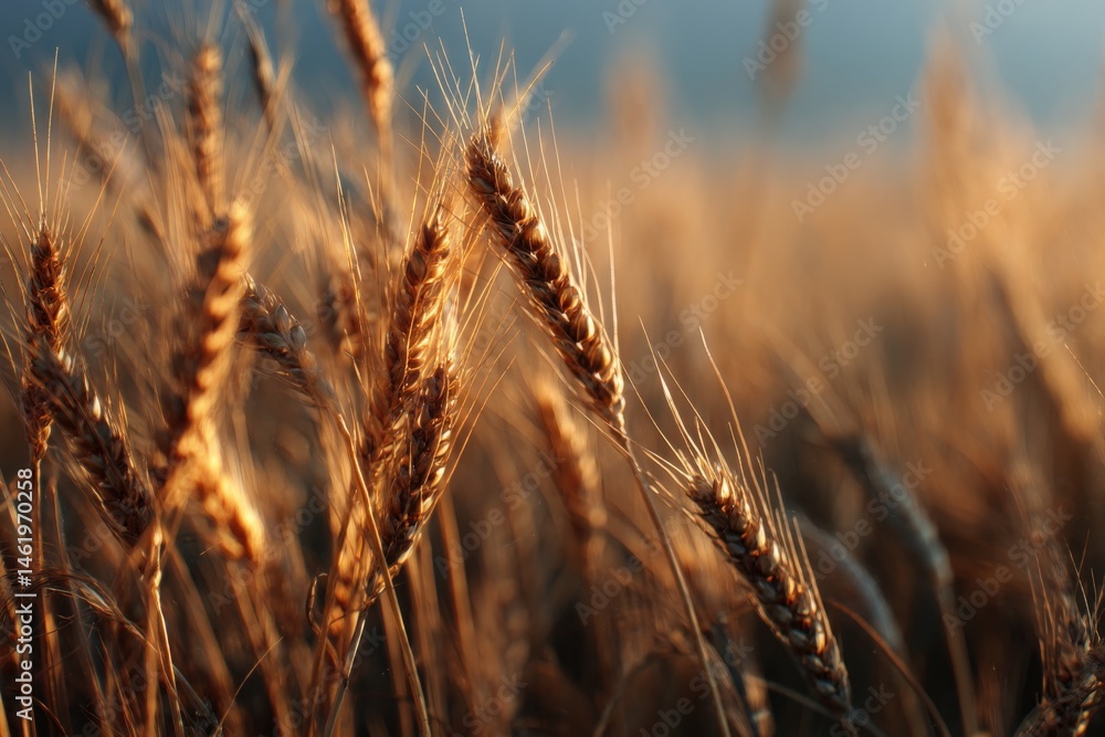 Fototapeta premium Golden wheat field at sunset. Warm light bathes the stalks.