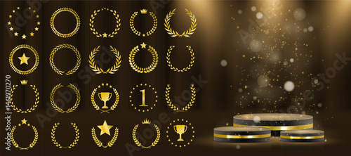 Elegant leaf crown glows on black premium background. Vector set includes multiple classic and modern wreath styles. Best seller label shines with ornate gold detailing. Festival emblem