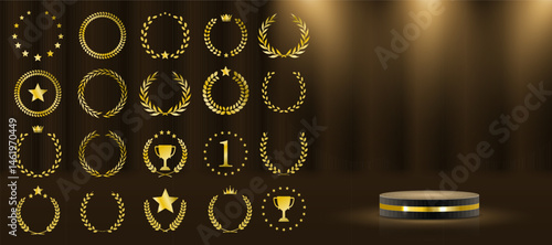 Elegant leaf crown glows on black premium background. Vector set includes multiple classic and modern wreath styles. Best seller label shines with ornate gold detailing. Festival emblem