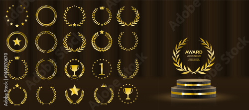 Golden laurel wreath symbolizes first place and achievement. Award badge design fits certificates and prize medals. Elegant leaf crown glows on black premium background. Vector set