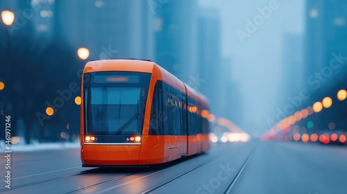 lone brightly colored tram moving through bustling cityscape with significant copy space for text