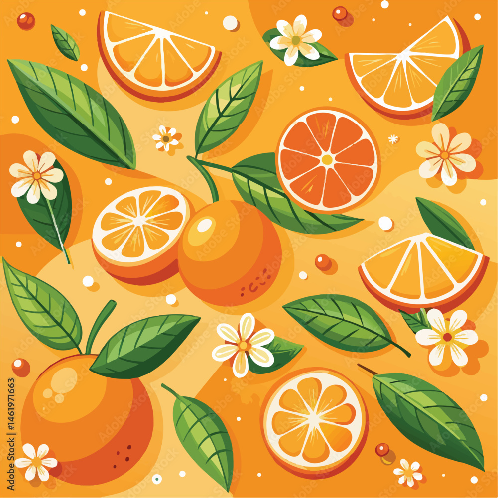 Botanical Citrus: Hand-Drawn Oranges with Leaves and Juice on Bright Background Botanical Citrus: Hand-Drawn Oranges with Leaves and Juice on Bright Background