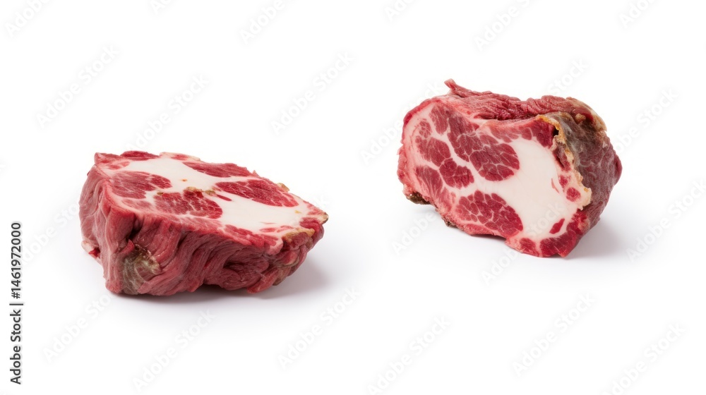 Obraz premium Two slices of pork, showing marbling