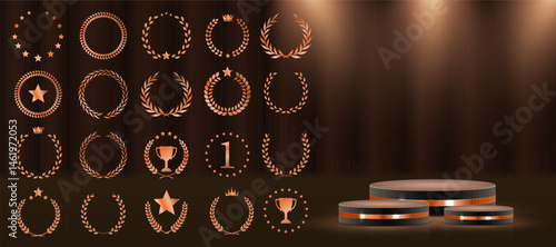 Laurel wreath badge celebrates excellence and top result. Golden leaves wrap in decorative symmetrical formation. Set includes best price, choice, and seller designs. Vector icons set