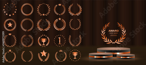 Set includes best price, choice, and seller designs. Vector icons ideal for cinema festivals and events. Award logo suits branding, marketing, or recognition labels. Premium gold foliage crown symbol