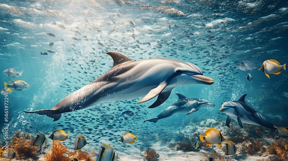 Obraz premium Underwater scene of dolphins and fish in a coral reef.
