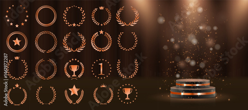 Set includes best price, choice, and seller designs. Vector icons ideal for cinema festivals and events. Award logo suits branding, marketing, or recognition labels. Premium gold foliage crown symbol