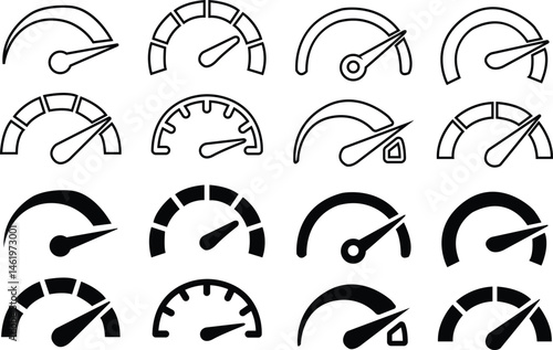 Dashboard speedometer flat and outline icon set. Performance indicator with arrows sign. Internet speed, gauge, tachometer, scale. Credit score vectors. Risk levels isolated on transparent background.