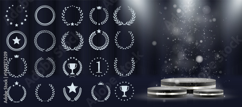 Laurel wreath badge celebrates excellence and top result. Golden leaves wrap in decorative symmetrical formation. Set includes best price, choice, and seller designs. Vector icons set