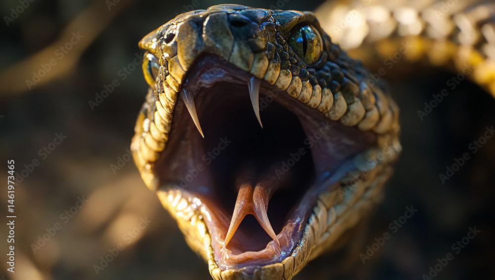 Obraz premium Close-up of King Cobra with Fangs Exposed in Striking Pose