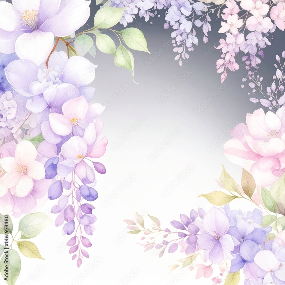 Fototapeta premium Abstract border frame of flowers painting with spring flowers wisteria background graphic resource