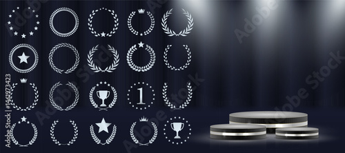 Laurel wreath badge celebrates excellence and top result. Golden leaves wrap in decorative symmetrical formation. Set includes best price, choice, and seller designs. Vector icons set