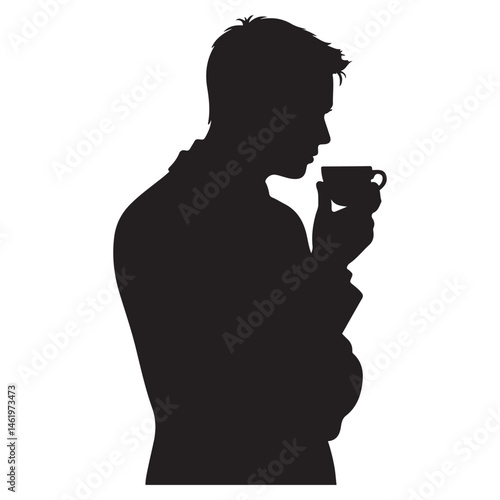 A businessman silhouette standing and drinking coffee, with one hand holding a coffee cup near his mouth Vector Black silhouettes. with white background