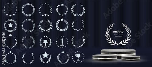 Laurel wreath badge celebrates excellence and top result. Golden leaves wrap in decorative symmetrical formation. Set includes best price, choice, and seller designs. Vector icons set