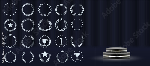 Laurel wreath badge celebrates excellence and top result. Golden leaves wrap in decorative symmetrical formation. Set includes best price, choice, and seller designs. Vector icons set