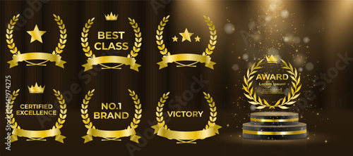 Golden laurel wreath symbolizes first place and achievement. Award badge design fits certificates and prize medals. Elegant leaf crown glows on black premium background. Vector set