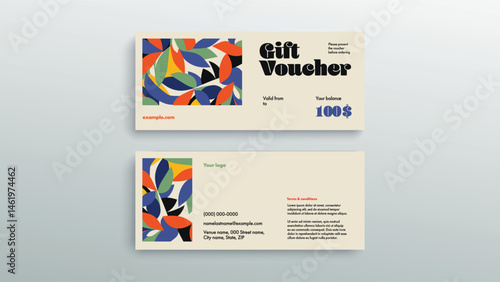 Abstract gift voucher card template. Modern discount coupon or certificate layout with geometric shape pattern. Vector fashion bright background design with information sample text.