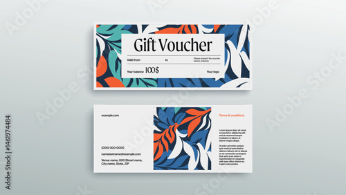 Abstract gift voucher card template. Modern discount coupon or certificate layout with geometric shape pattern. Vector fashion bright background design with information sample text
