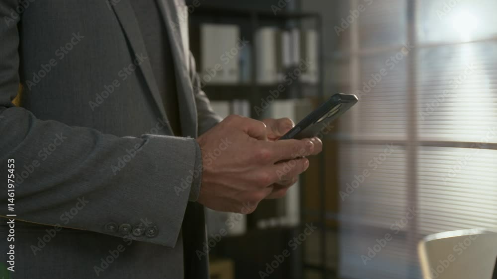 Close-up shot of hands of unrecognisable man wearing grey jacket replying to business email holding smartphone in office Close-up shot of hands of unrecognisable man wearing grey jacket replying to business email holding smartphone in office