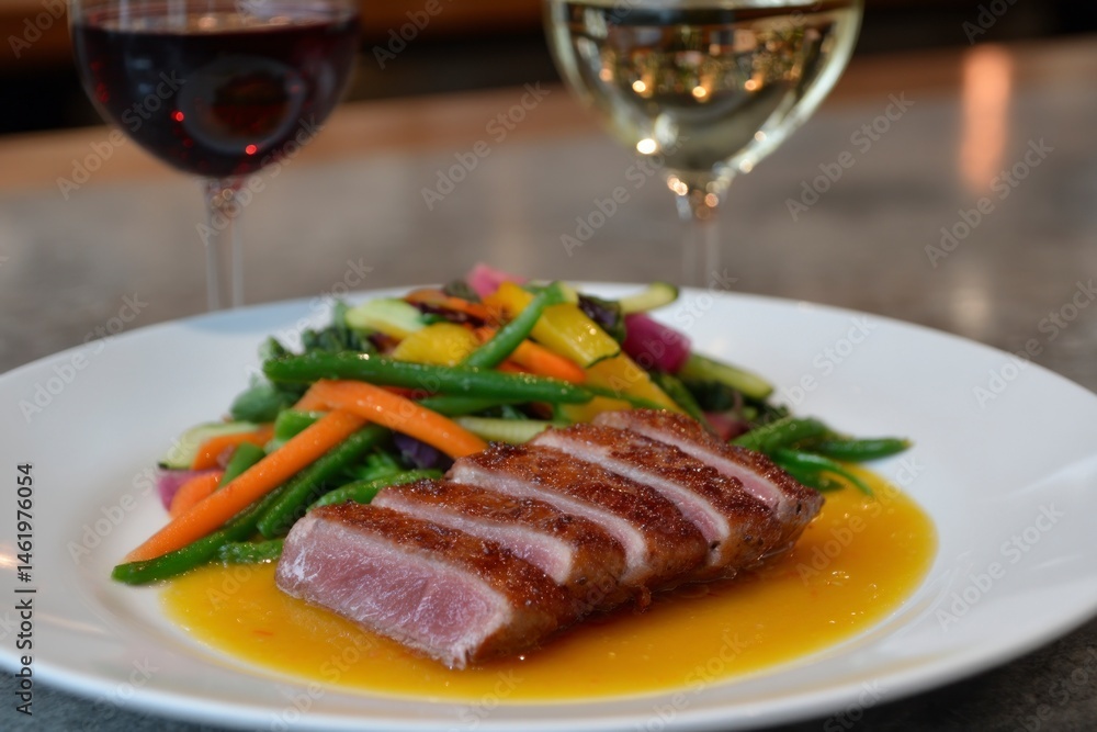 Sliced Duck Breast with Colorful Vegetables and Wine Glasses on Table Sliced Duck Breast with Colorful Vegetables and Wine Glasses on Table