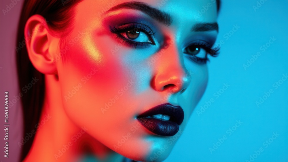 Bright contrasting beauty makeup portrait of a woman in blue and red shadow tones. Perfect clean skin and face makeup, dark lipstick on plump lips.